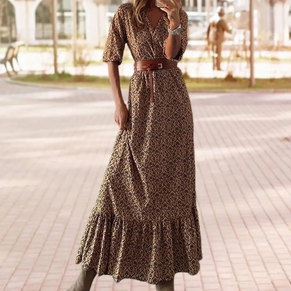 43 Brown Black Pattern Silky Soft Maxi Long Bohemian Boho Dress Short Sleeve - Picture 5 of 6